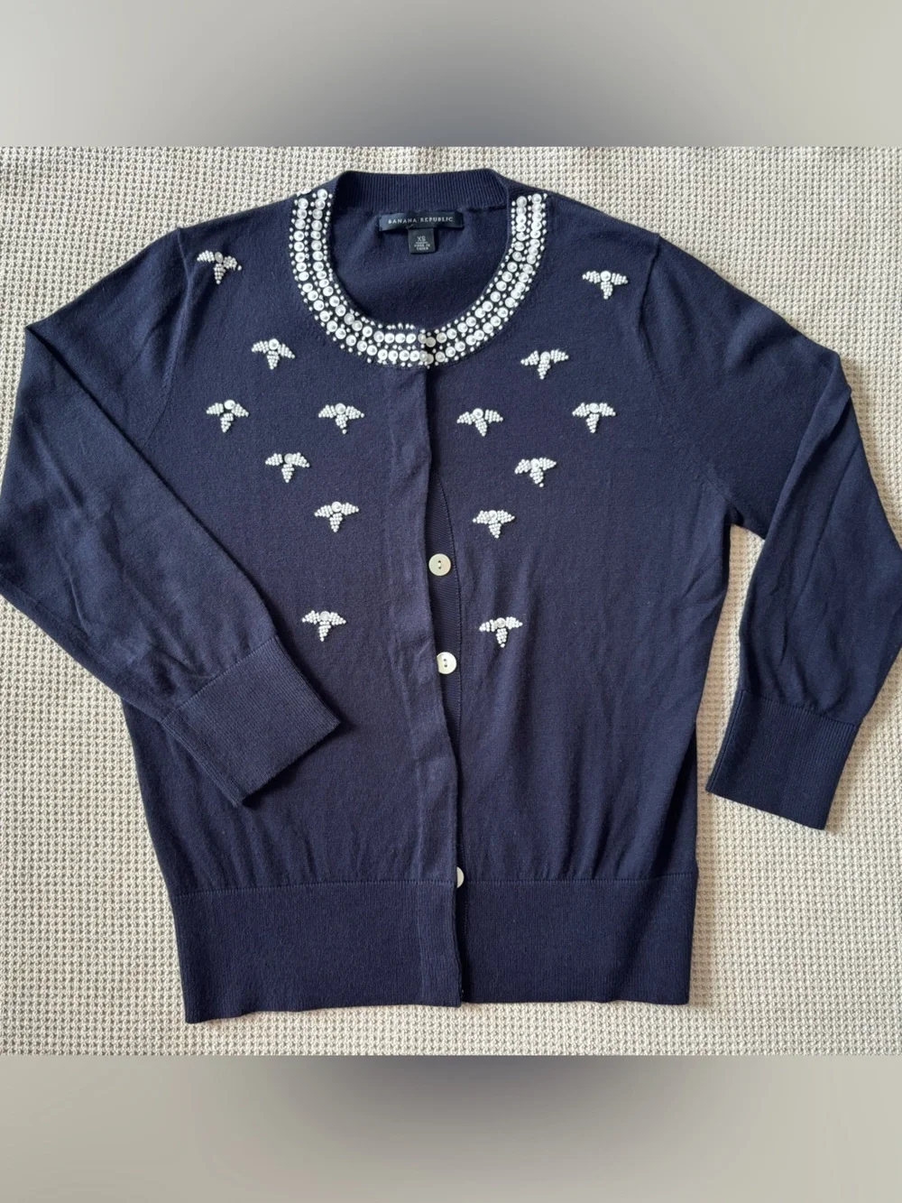 Banana Republic Navy Blue Embellished Jewel Neck Cotton Cardigan Sweater XS